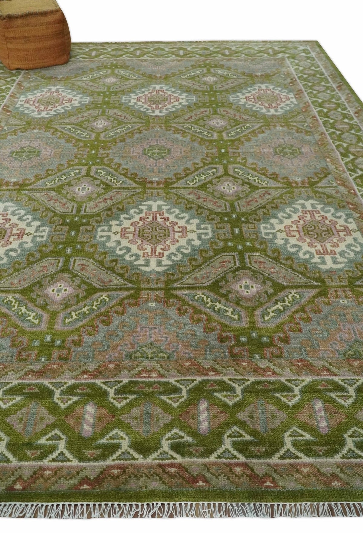 Hand Knotted Green, Ivory and Silver Oriental Traditional Multi Size Wool Area Rug.