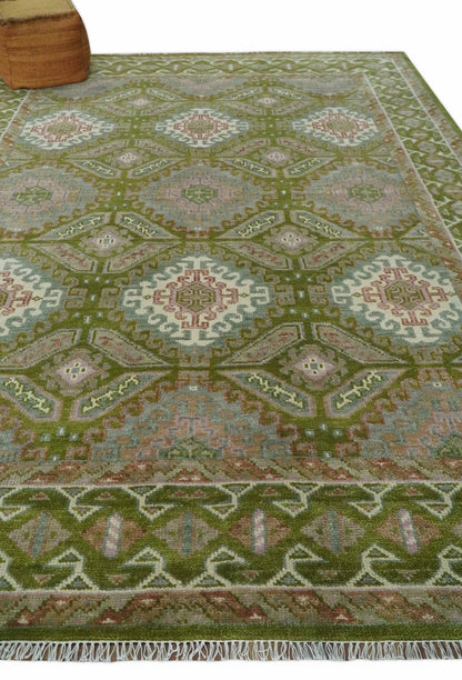 Hand Knotted Green, Ivory and Silver Oriental Traditional Multi Size Wool Area Rug.