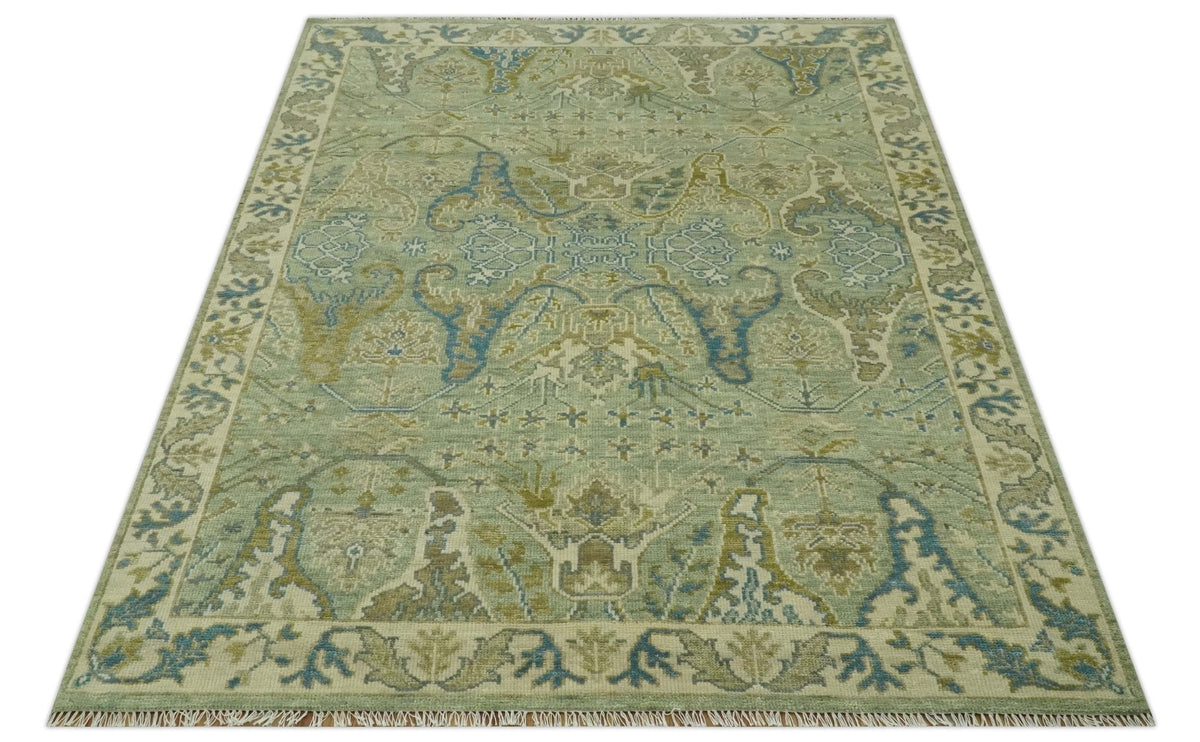 Hand Knotted Green, Olive and Teal Traditional Dragon Oushak Design Custom Made wool rug.