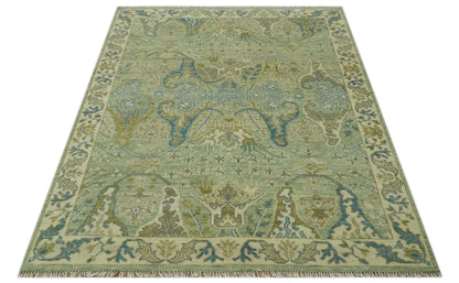 Hand Knotted Green, Olive and Teal Traditional Dragon Oushak Design Custom Made wool rug.