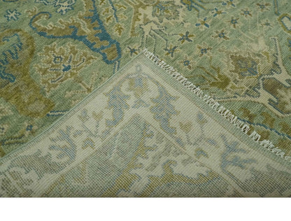 Hand Knotted Green, Olive and Teal Traditional Dragon Oushak Design Custom Made wool rug.