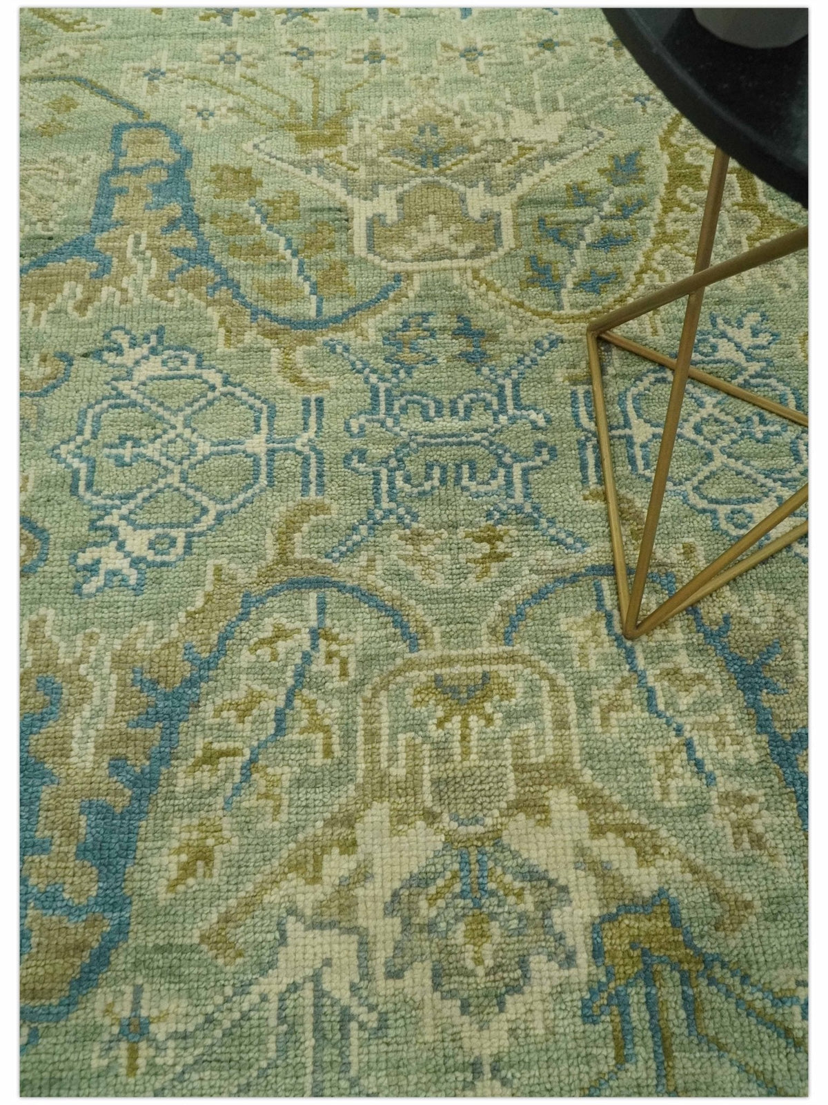 Hand Knotted Green, Olive and Teal Traditional Dragon Oushak Design Custom Made wool rug.