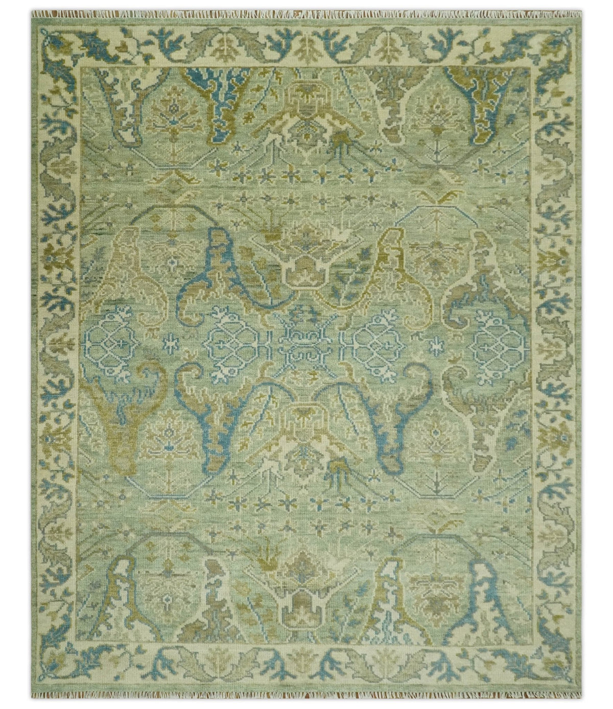 Hand Knotted Green, Olive and Teal Traditional Dragon Oushak Design Custom Made wool rug.