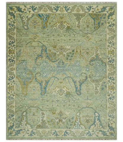 Hand Knotted Green, Olive and Teal Traditional Dragon Oushak Design Custom Made wool rug.