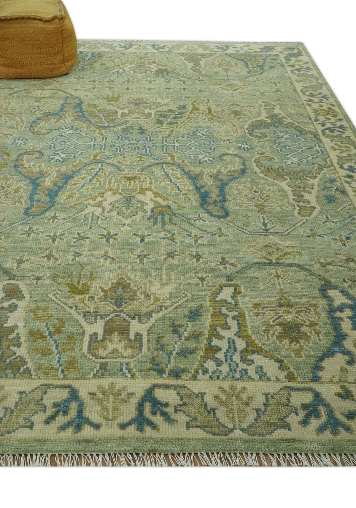 Hand Knotted Green, Olive and Teal Traditional Dragon Oushak Design Custom Made wool rug.