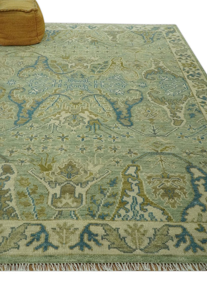 Hand Knotted Green, Olive and Teal Traditional Dragon Oushak Design Custom Made wool rug.