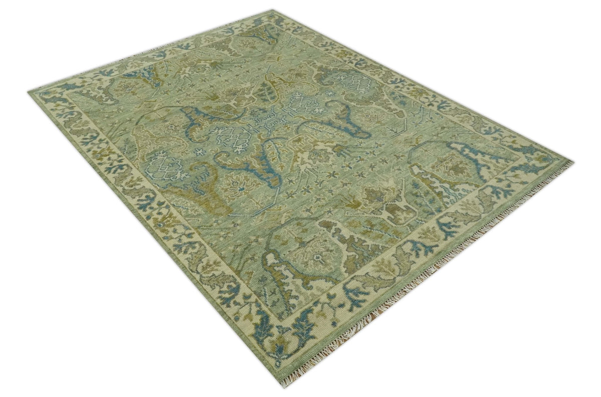 Hand Knotted Green, Olive and Teal Traditional Dragon Oushak Design Custom Made wool rug.