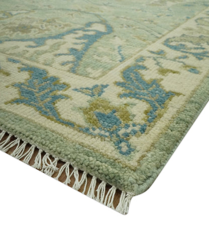 Hand Knotted Green, Olive and Teal Traditional Dragon Oushak Design Custom Made wool rug.
