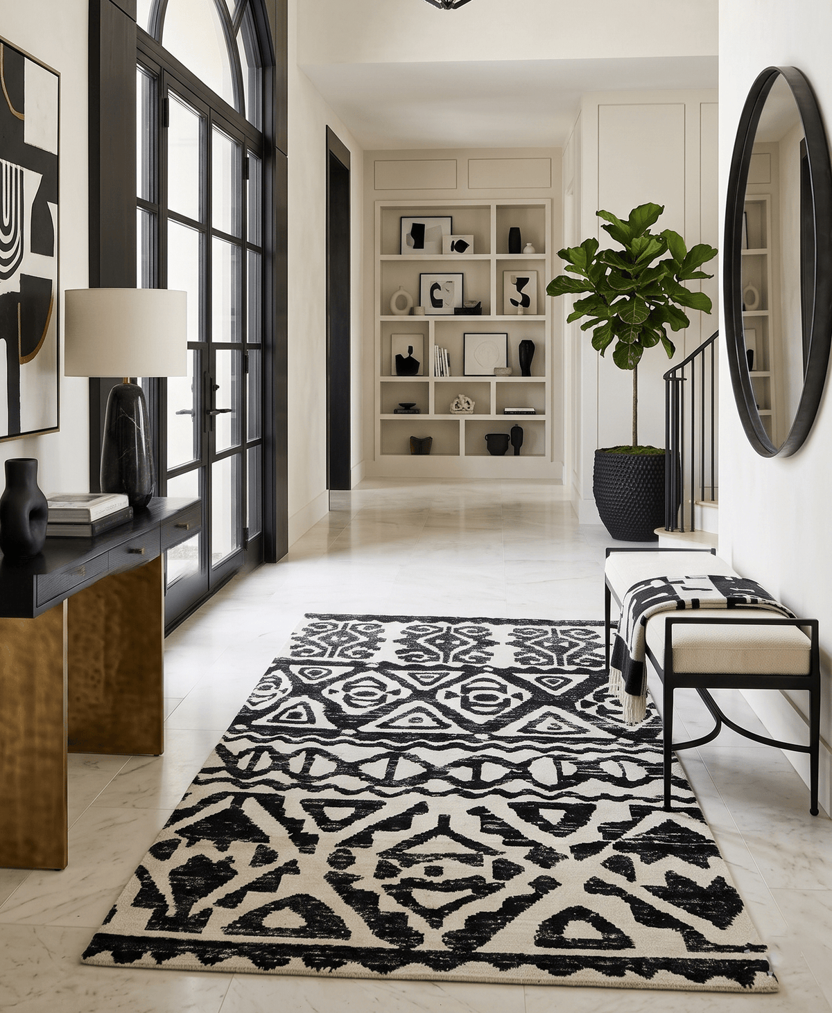 Hand Knotted Ivory and Black Modern Contemporary Recycled Silk Area Rug.