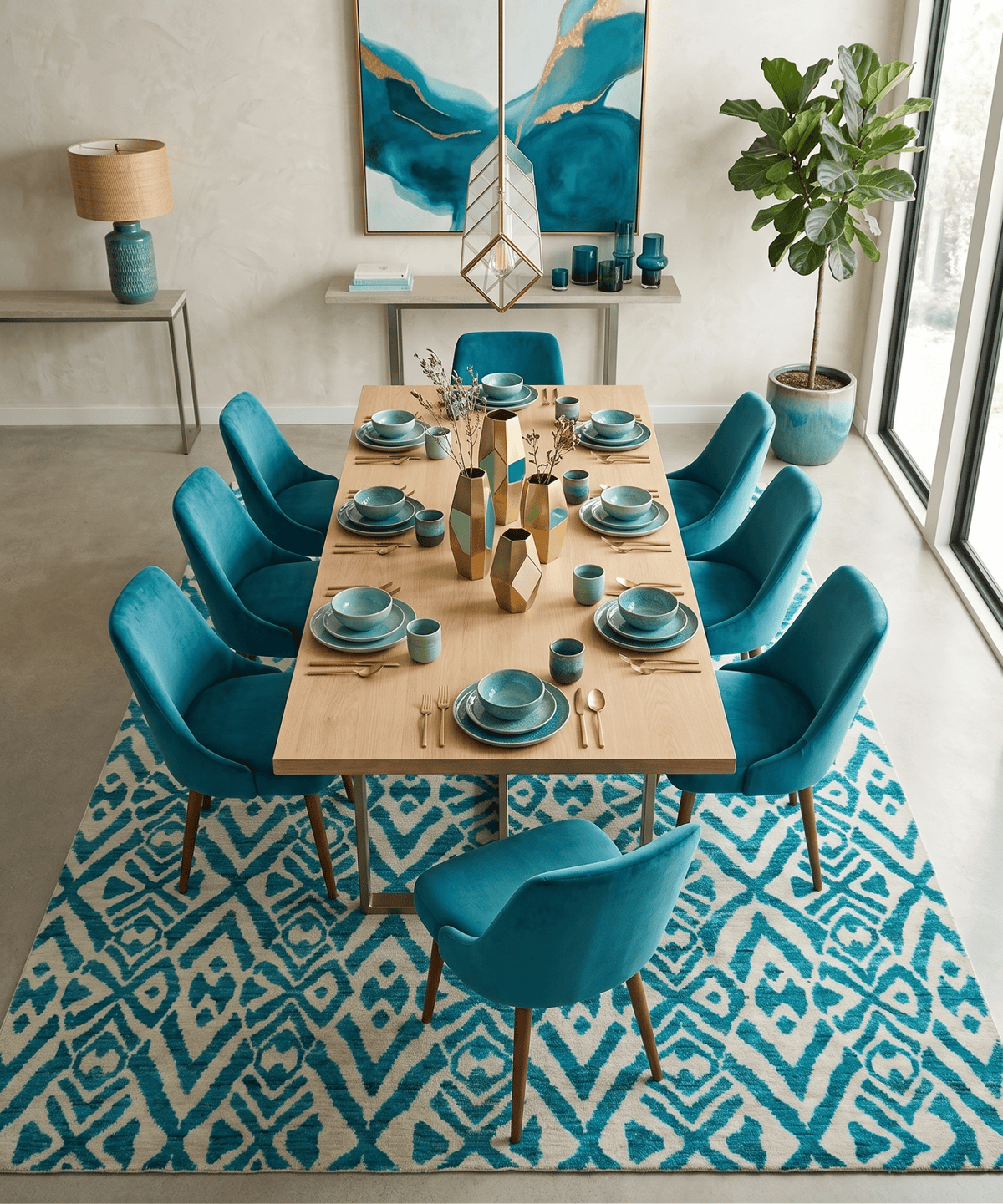Hand Knotted Ivory and Blue Modern Contemporary Southwestern Tribal Trellis Recycled Silk Area Rug.
