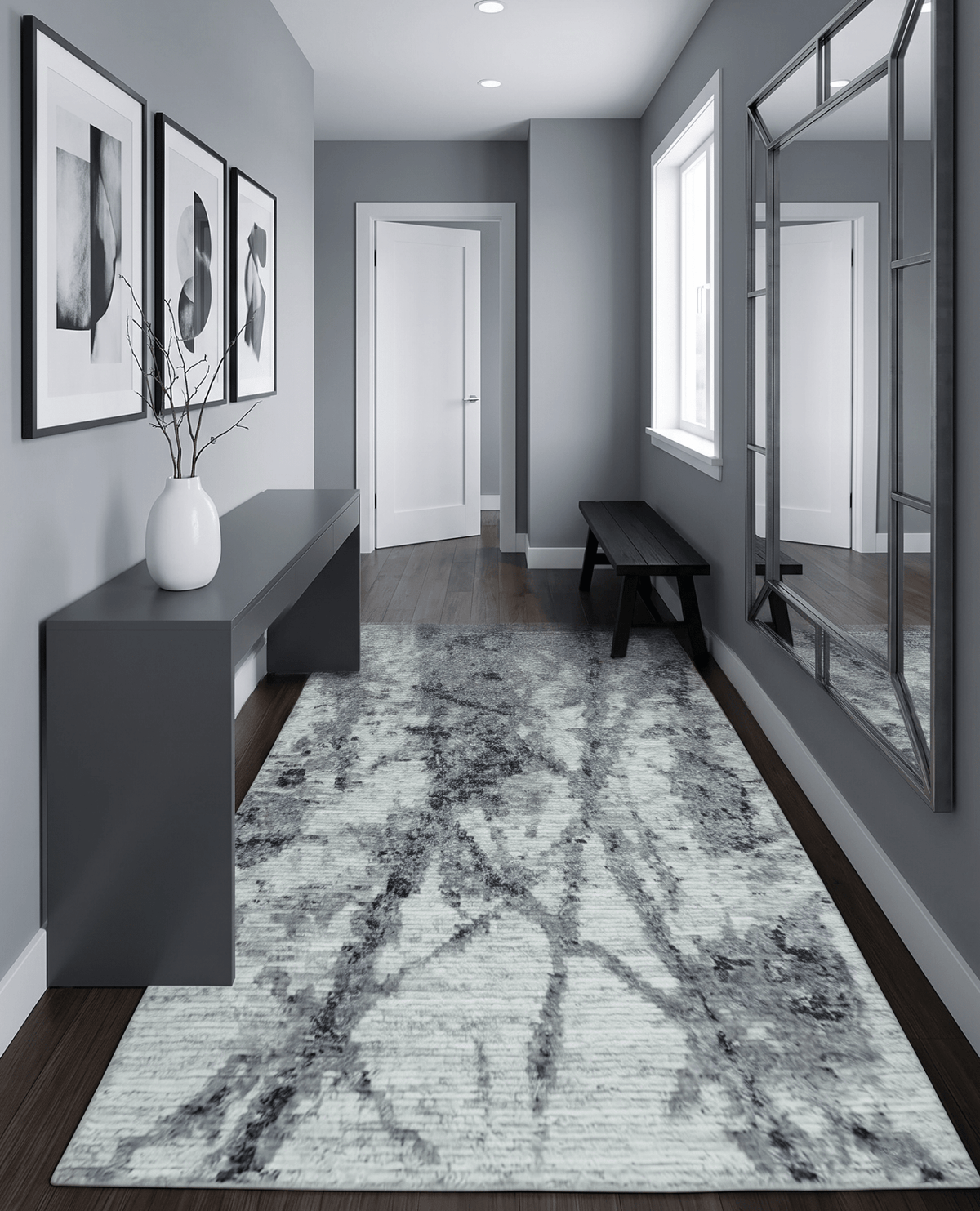 Hand Knotted Ivory, Black and Charcoal Modern Abstract Made with Blended Wool Multi Size Rug.