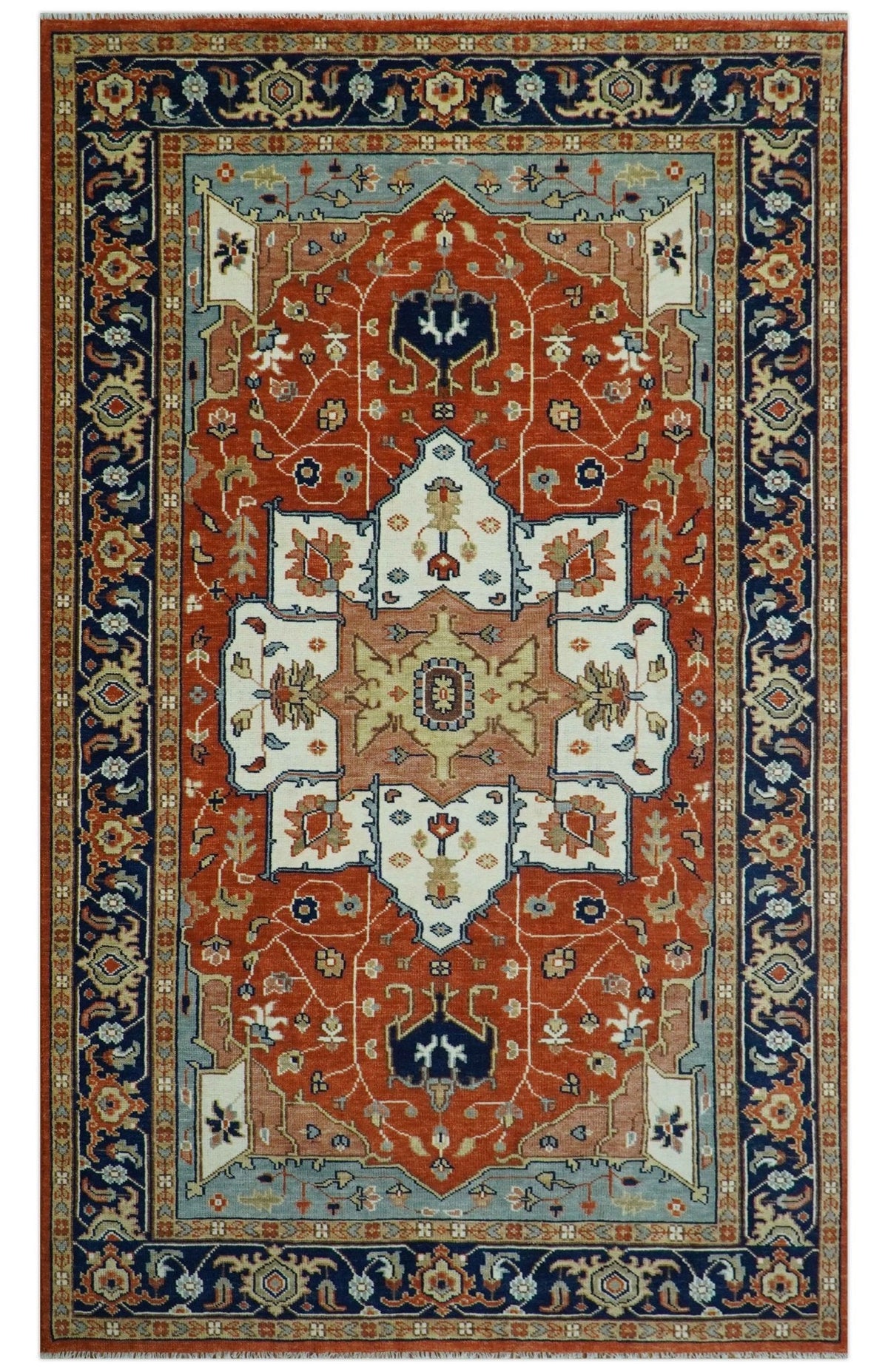Hand Knotted Blue and Rust Traditional Heriz Multi Size Wool Area Rug.