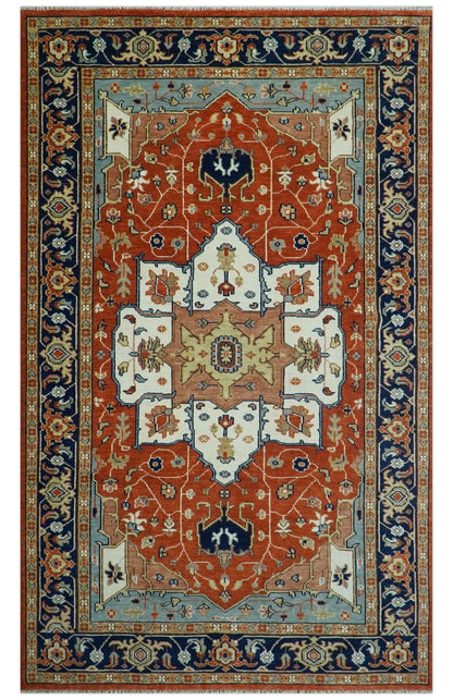 Hand Knotted Blue and Rust Traditional Heriz Multi Size Wool Area Rug.