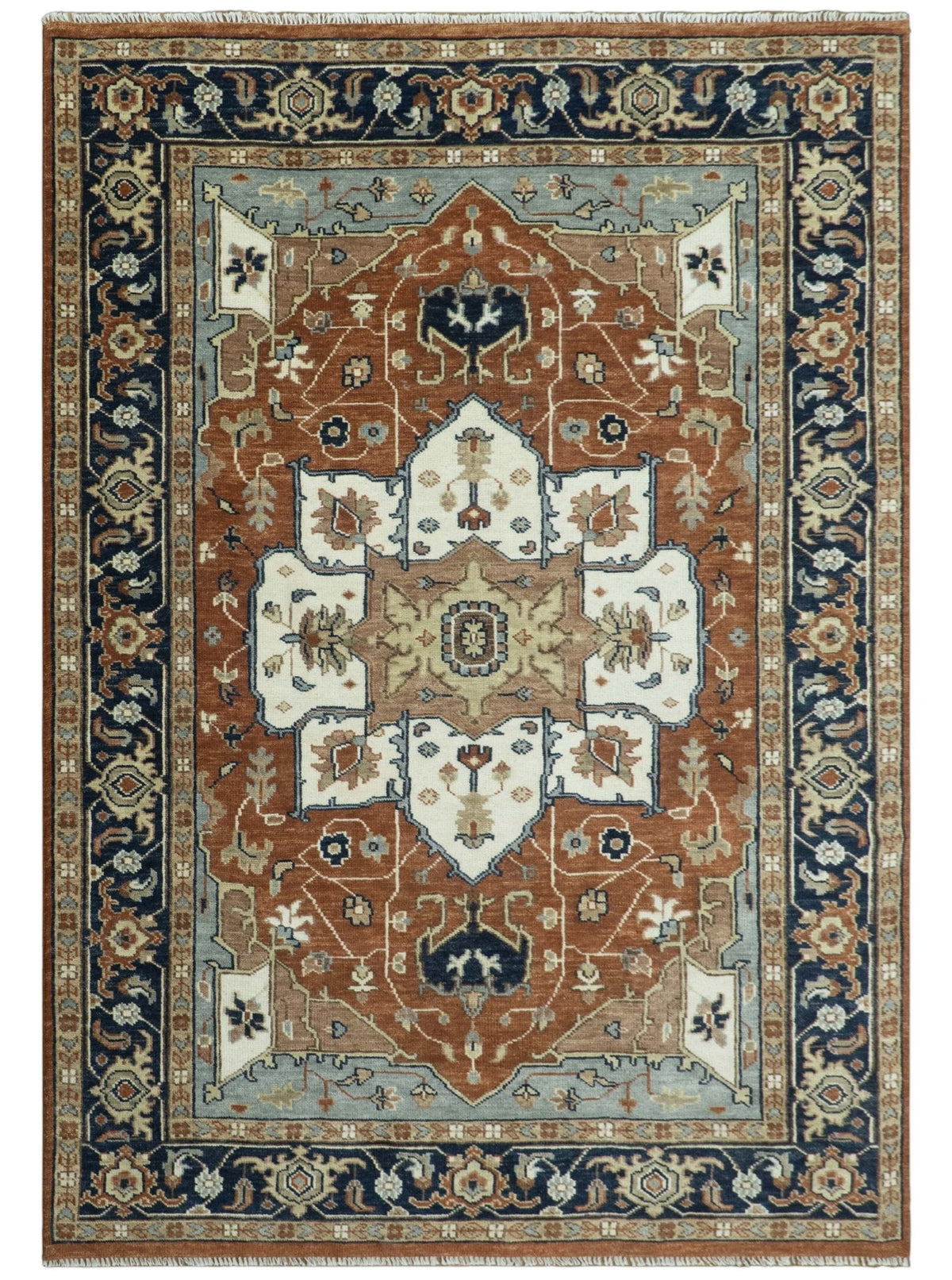 Hand Knotted Blue and Rust Traditional Heriz Multi Size Wool Area Rug.