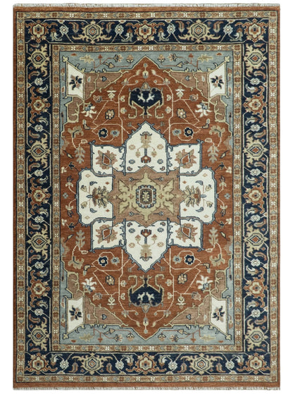 Hand Knotted Blue and Rust Traditional Heriz Multi Size Wool Area Rug.