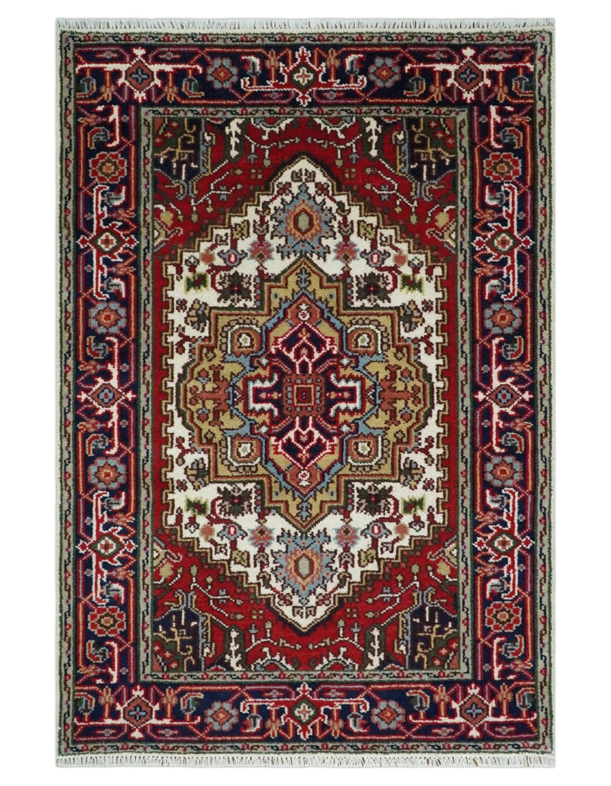 Hand Knotted Ivory, Brown and Blue Traditional Antique Style Wool Area Rug.
