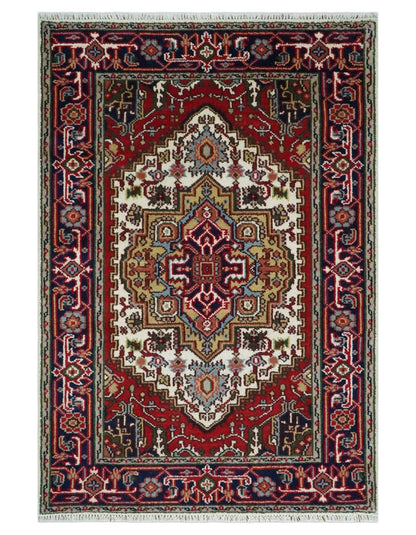 Hand Knotted Ivory, Brown and Blue Traditional Antique Style Wool Area Rug.