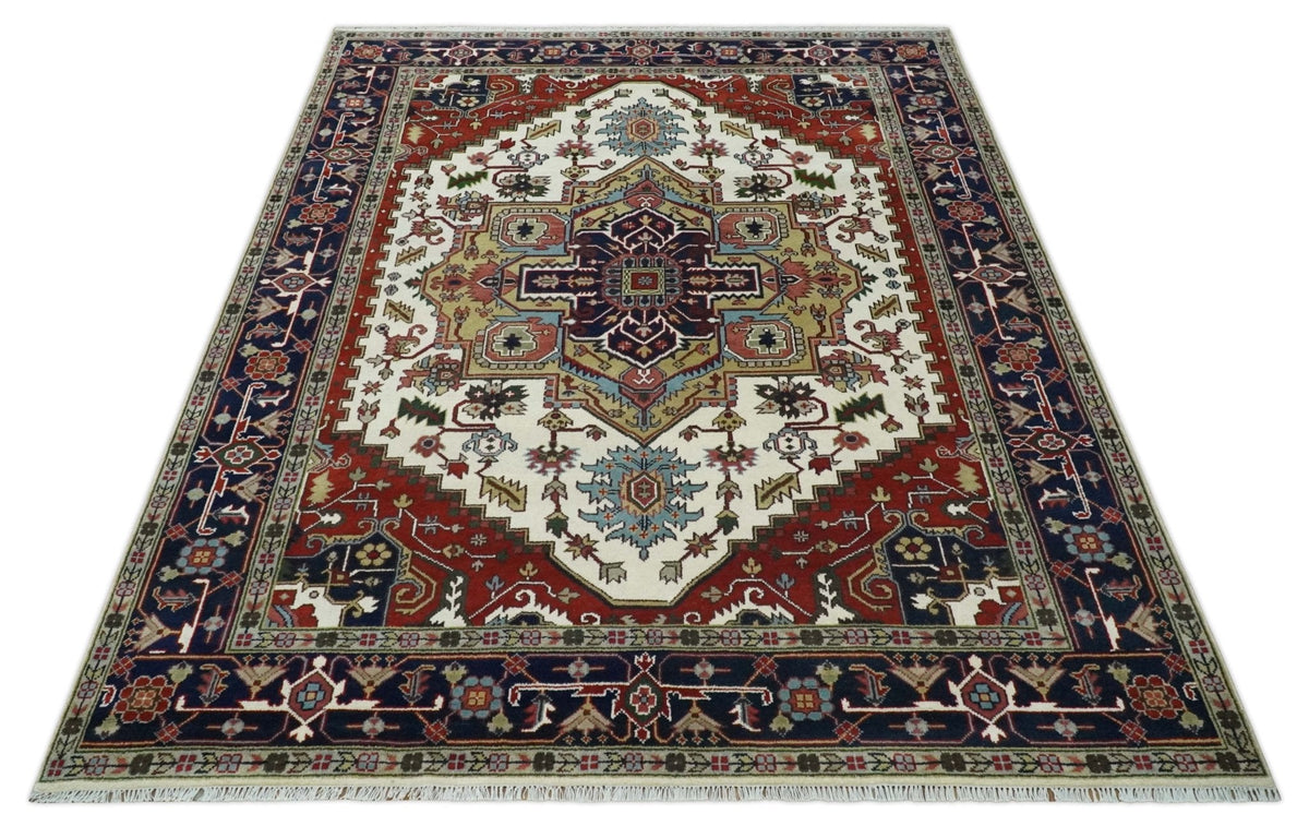 Hand Knotted Ivory, Brown and Blue Traditional Antique Style Wool Area Rug.