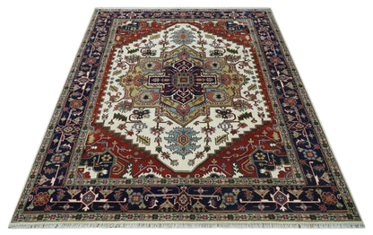 Hand Knotted Ivory, Brown and Blue Traditional Antique Style Wool Area Rug.