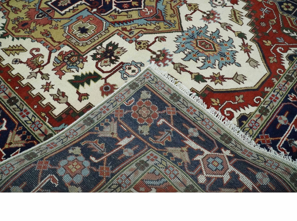 Hand Knotted Ivory, Brown and Blue Traditional Antique Style Wool Area Rug.