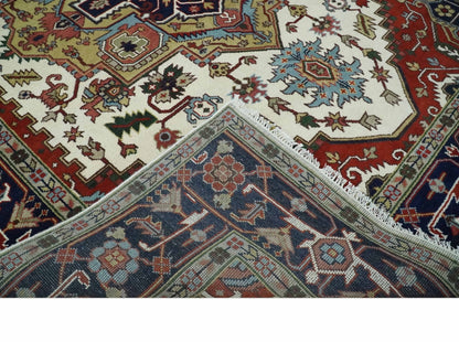 Hand Knotted Ivory, Brown and Blue Traditional Antique Style Wool Area Rug.