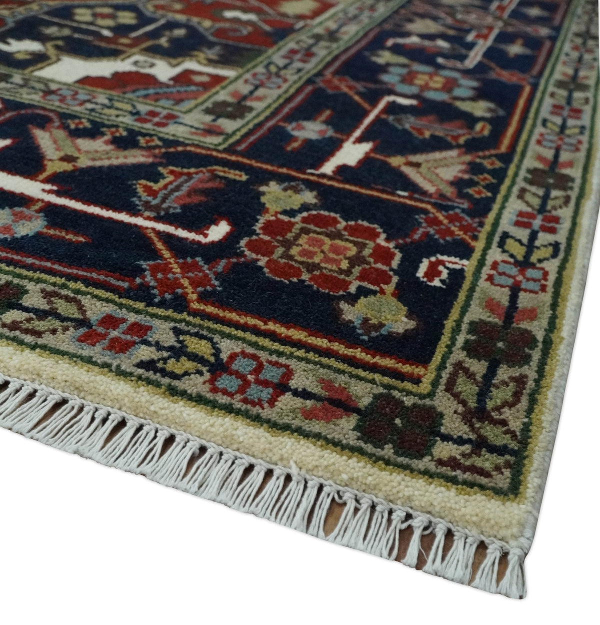 Hand Knotted Ivory, Brown and Blue Traditional Antique Style Wool Area Rug.