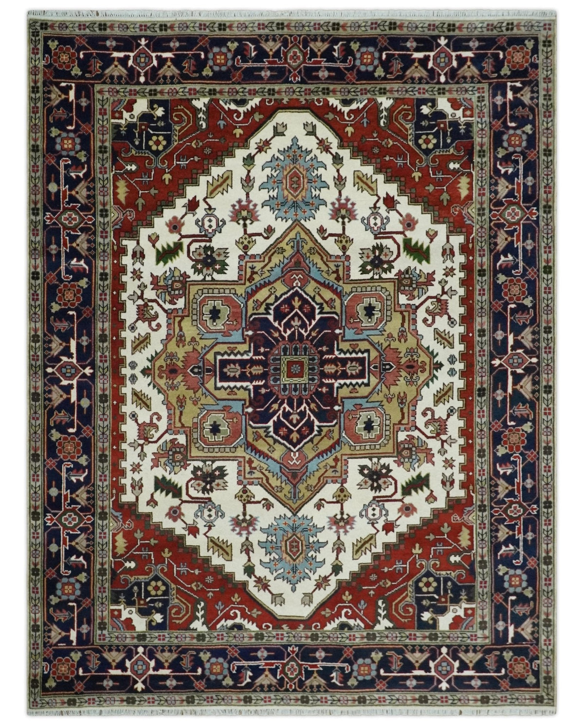 Hand Knotted Ivory, Brown and Blue Traditional Antique Style Wool Area Rug.