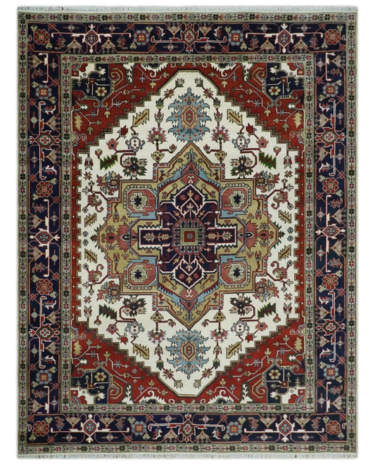 Hand Knotted Ivory, Brown and Blue Traditional Antique Style Wool Area Rug.