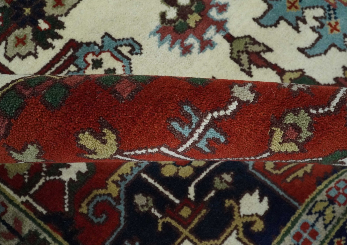 Hand Knotted Ivory, Brown and Blue Traditional Antique Style Wool Area Rug.