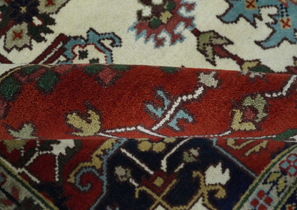 Hand Knotted Ivory, Brown and Blue Traditional Antique Style Wool Area Rug.