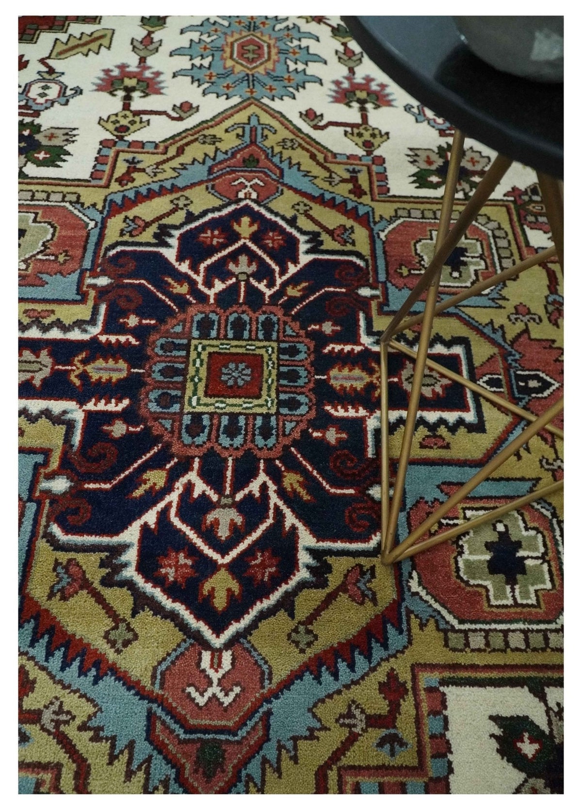 Hand Knotted Ivory, Brown and Blue Traditional Antique Style Wool Area Rug.