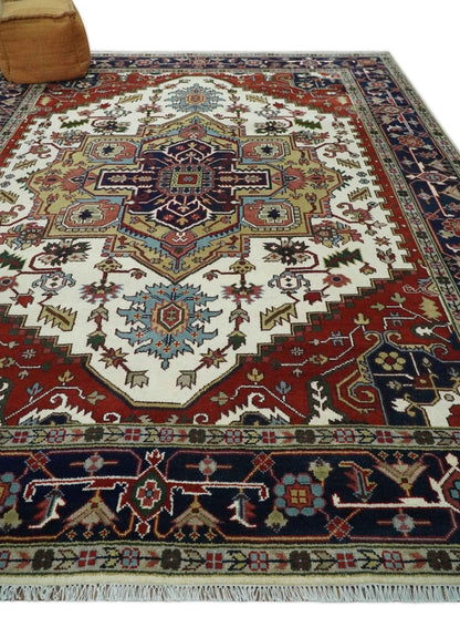 Hand Knotted Ivory, Brown and Blue Traditional Antique Style Wool Area Rug.