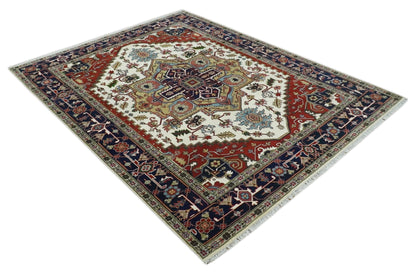 Hand Knotted Ivory, Brown and Blue Traditional Antique Style Wool Area Rug.