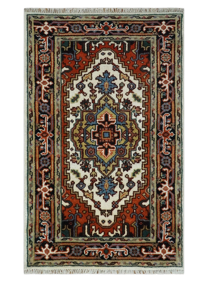 Hand Knotted Ivory, Brown and Blue Traditional Antique Style Wool Area Rug.