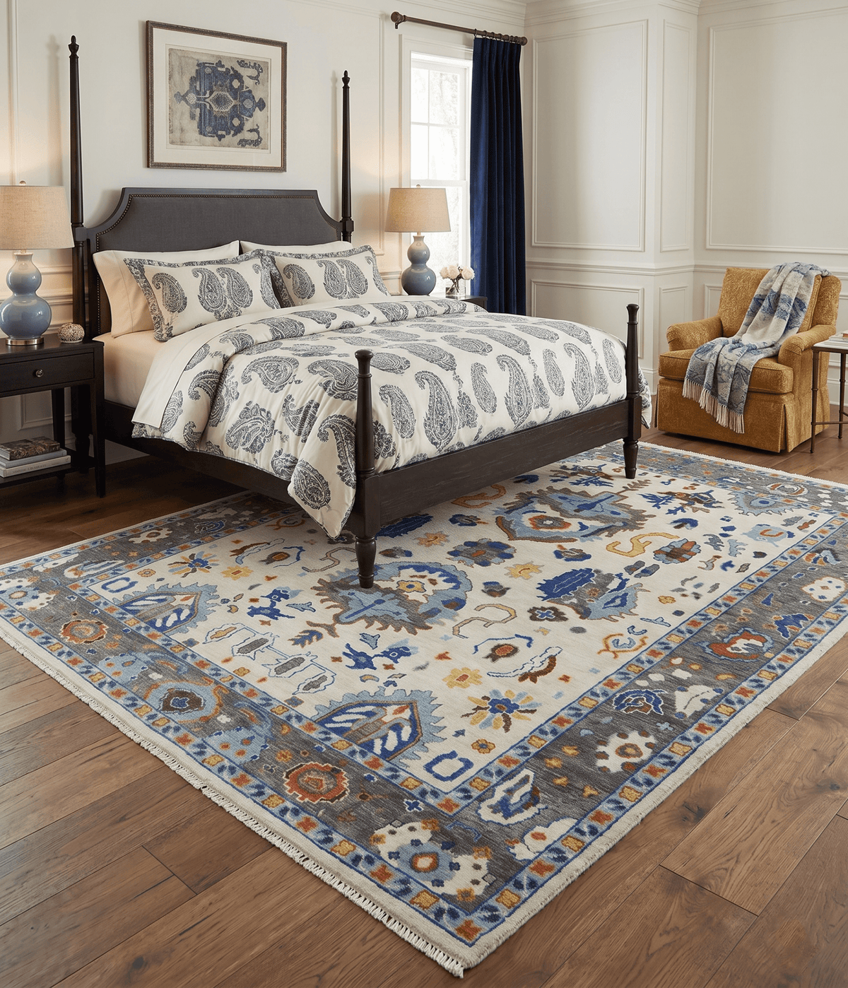 Hand Knotted Ivory, Charcoal and Blue Traditional Oushak Multi size Wool Area Rug.