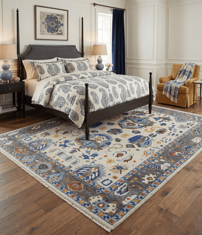 Hand Knotted Ivory, Charcoal and Blue Traditional Oushak Multi size Wool Area Rug.