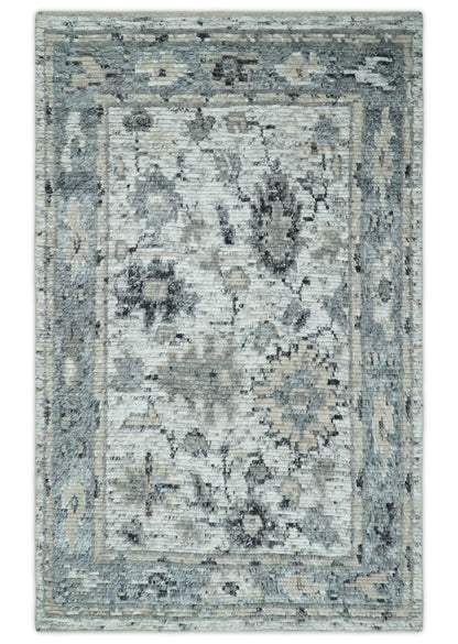 Hand Knotted Ivory, Silver and Beige Traditional Blended Wool Multi Size Rug.