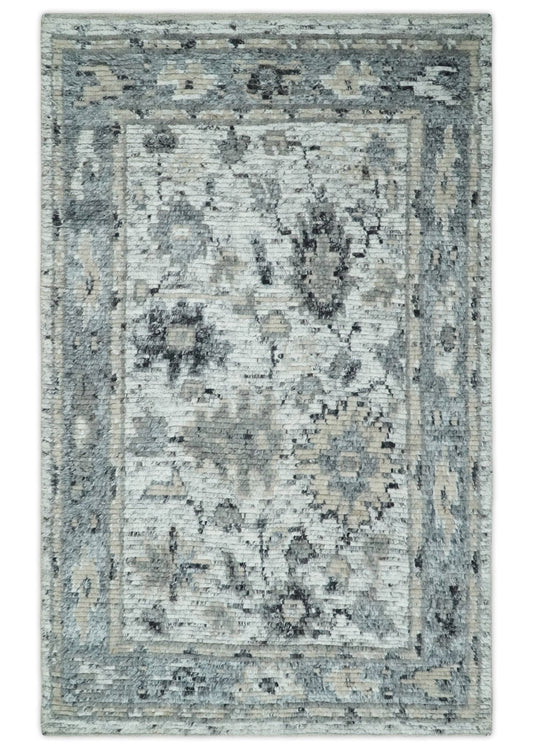 Hand Knotted Ivory, Silver and Beige Traditional Blended Wool Multi Size Rug.