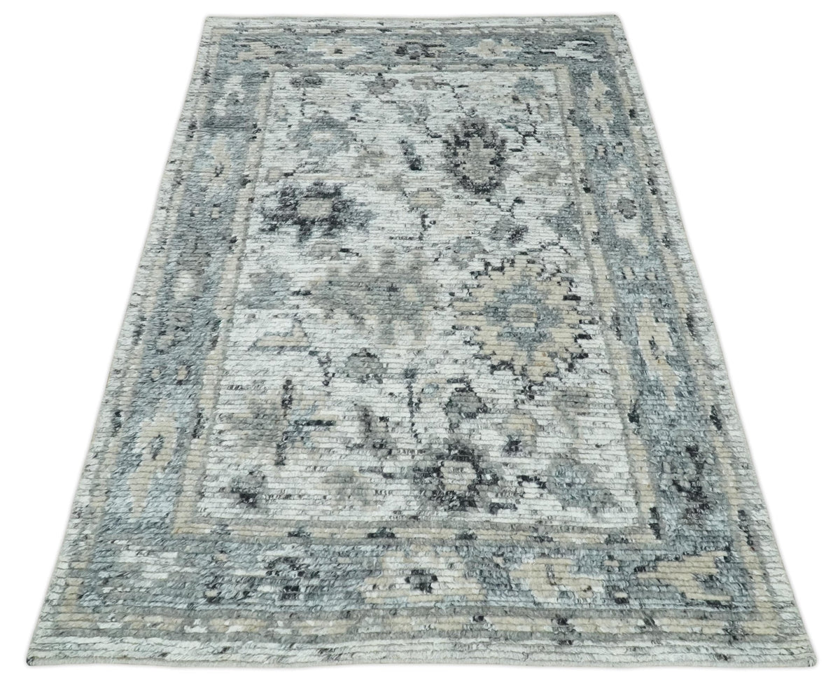 Hand Knotted Ivory, Silver and Beige Traditional Blended Wool Multi Size Rug.