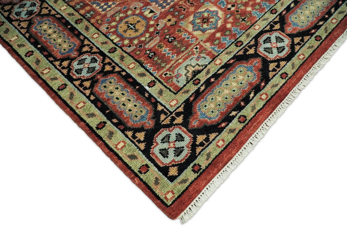 Hand Knotted Traditional Kazak Medallion Rust and Black Wool Area Rug.