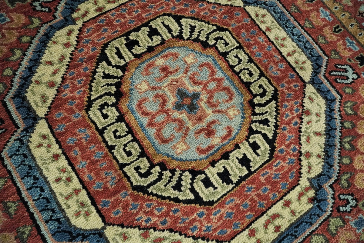 Hand Knotted Traditional Kazak Medallion Rust and Black Wool Area Rug.