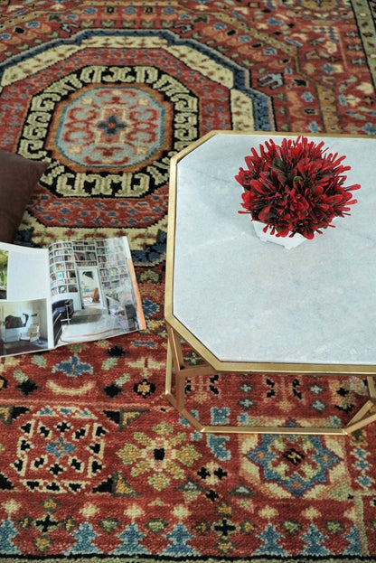 Hand Knotted Traditional Kazak Medallion Rust and Black Wool Area Rug.