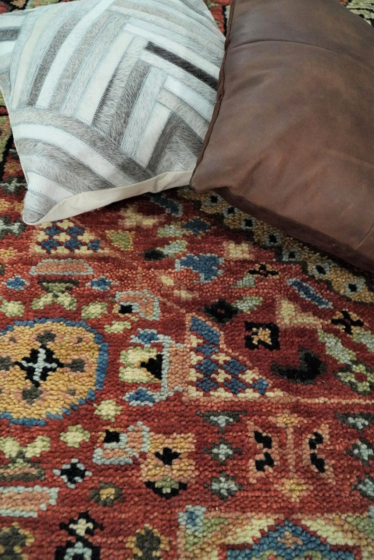 Hand Knotted Traditional Kazak Medallion Rust and Black Wool Area Rug.