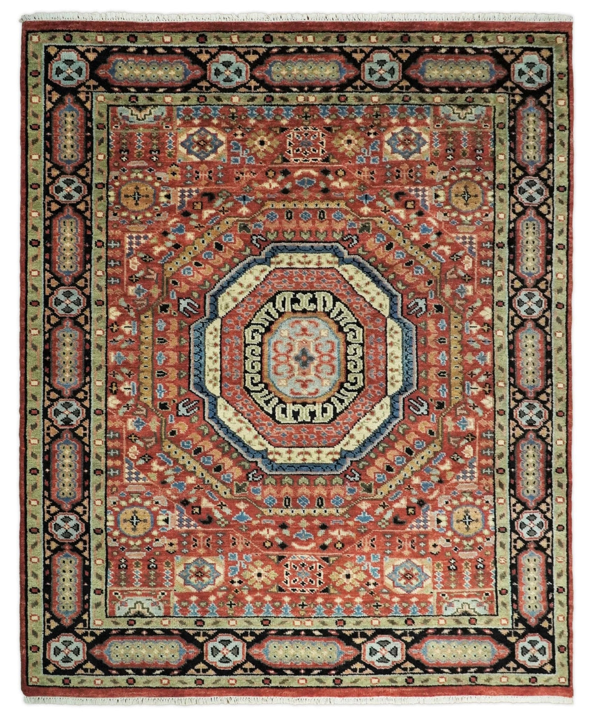 Hand Knotted Traditional Kazak Medallion Rust and Black Wool Area Rug.