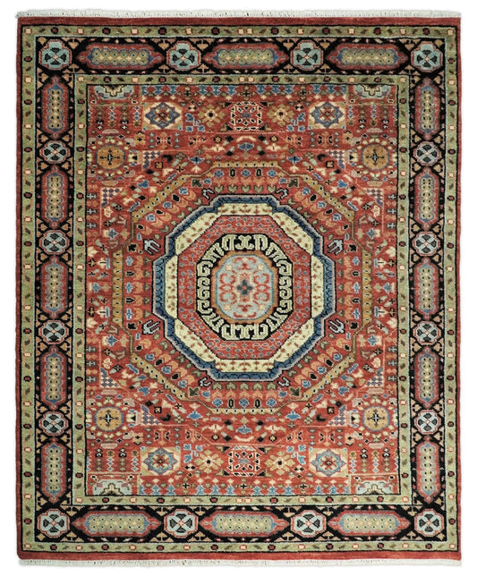 Hand Knotted Traditional Kazak Medallion Rust and Black Wool Area Rug.