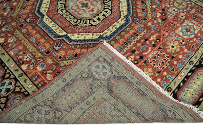 Hand Knotted Traditional Kazak Medallion Rust and Black Wool Area Rug.