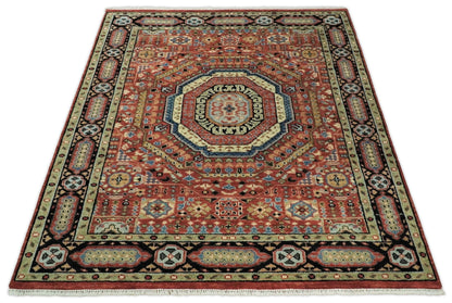 Hand Knotted Traditional Kazak Medallion Rust and Black Wool Area Rug.