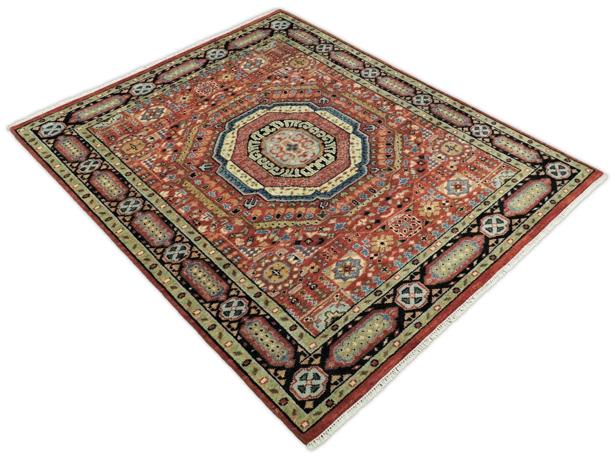 Hand Knotted Traditional Kazak Medallion Rust and Black Wool Area Rug.