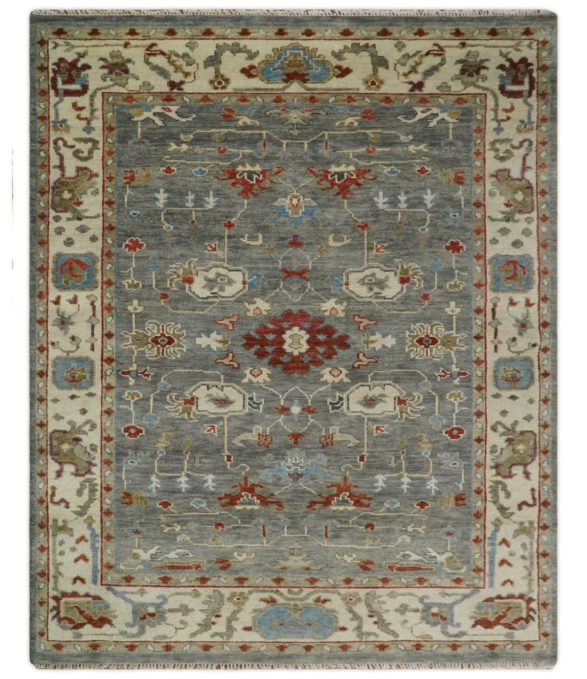 Hand Knotted Gray, Red and Beige Traditional Vintage Style Custom Made Wool Area Rug.