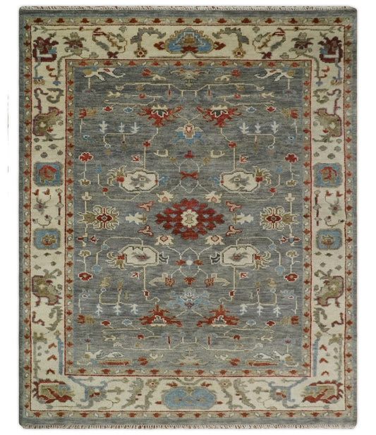 Hand Knotted Gray, Red and Beige Traditional Vintage Style Custom Made Wool Area Rug.